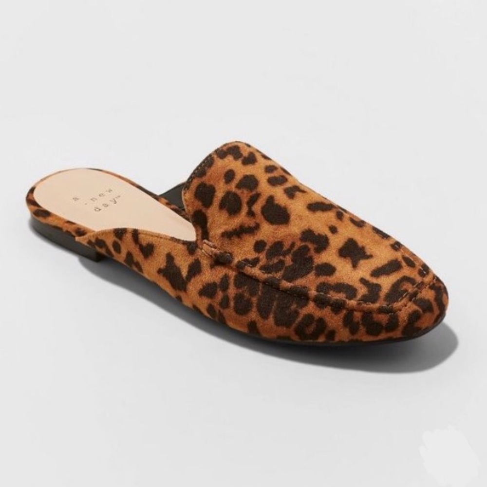 A New Day Leopard Microsuede Square Toe Mules, NWT